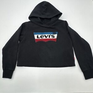 Levi's Girls Crop Hoodie Sweatshirt Medium 10-12 Years Black Chenille Logo Patch